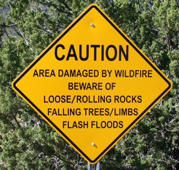 Gelbes Warnschild an einem Pfahl im Vordergrund, das vor einer waldbrandgeschädigten Zone mit potentiellen Gefahren warnt, mit Bäumen im Hintergrund.
