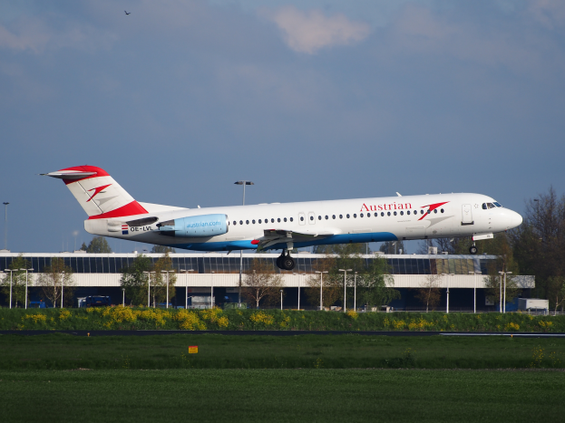 Ein Airbus A320-200 der Austrian Airlines startet vom Frankfurter Flughafen, mit grünem Gras, blühenden Pflanzen, Bäumen, Laternenmasten und einem Gebäude im Hintergrund unter einem bewölkten Himmel.