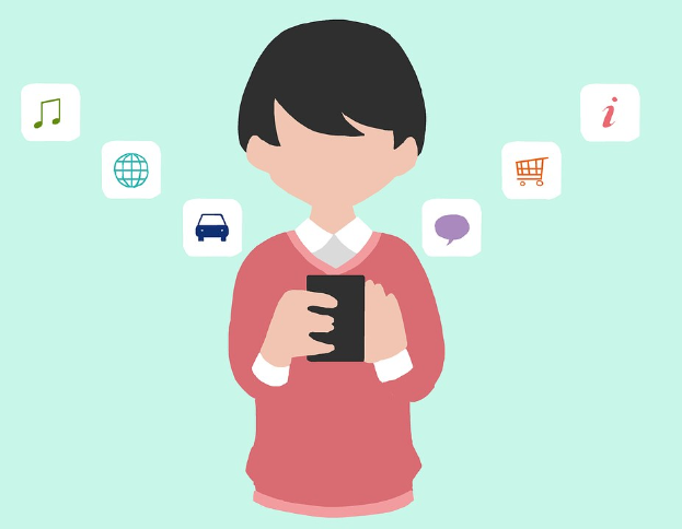 Animierte Person, die ein Smartphone hält, mit App-Icons, die darauf hinweisen, dass Online-Shopping-Apps verwendet werden.