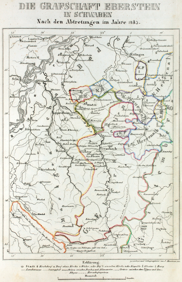 Ein detaillierter Plan von Grafische Eberstein in Schwaben, Deutschland, der Flüsse, Berge und Städte zeigt, mit Text oben und unten.