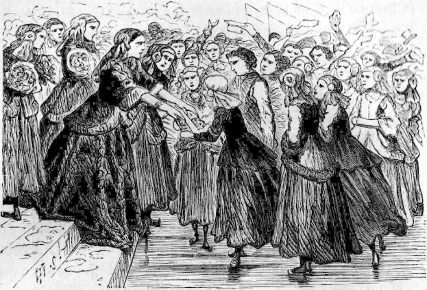 Schwarzes und weißes Zeichnung von Frauen, die vor einem Publikum tanzen, mit einer Treppe auf der linken Seite, beschriftet mit "Victorian Women's Day" unten.