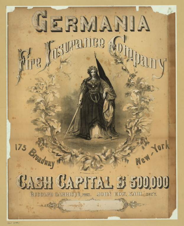 Eine alte Werbung für die Germania Fire Insurance Company, die um eine Illustration einer Frau herum aufgebaut ist, mit beschreibendem Text über die Dienstleistungen des Unternehmens.