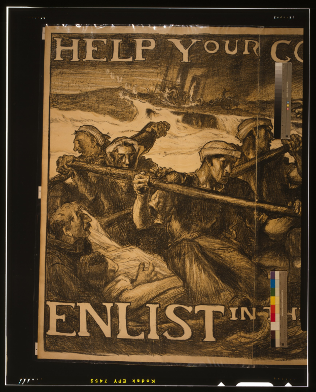 Plakat mit schwarzem Hintergrund, das eine Gruppe von Menschen in heroischen Posen zeigt, einige halten Waffen und andere liegen am Boden, mit fetter weißer Schrift, die "Helfen Sie Ihrem Unternehmen, melden Sie sich zum Kampf gegen die Polsterung." lautet.