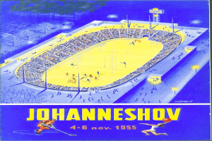 Plakat aus dem Jahr 1955, das ein Eishockeyspiel in Johannesburg, Südafrika ankündigt und ein volles Stadion mit Bäumen und Lichtern zeigt, sowie Text und Zahlen enthält.