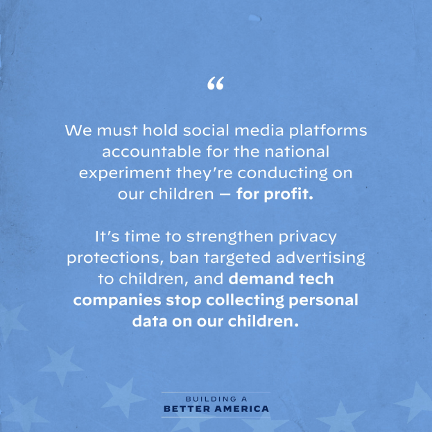 Ein Plakat mit einem Zitat aus "Building a Better America" über die Verantwortung von Social-Media-Plattformen für ihren Einfluss auf Kinder, dekoriert mit Sternen.