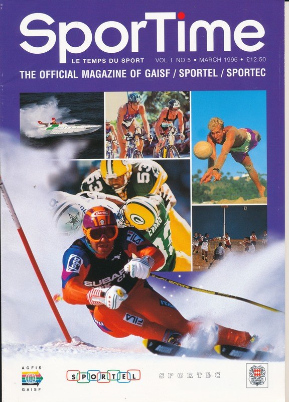 Titelbild von *Sporttime Magazine* (März 1996) mit Bildern vom Skifahren und Snowboarden sowie Text und Logos.