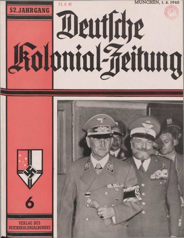 Ein Buchumschlag mit Adolf Hitler, umgeben von Leuten mit Mützen, betitelt "Deutsches Kolonial-Feitung" und datiert 11/1940.