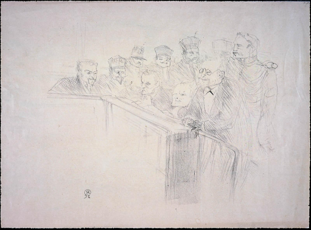 Schwarz-weiß-Zeichnung von Menschen, die an einem unordentlichen Tisch in einem Gerichtssaal sitzen, mit einem dunklen Rahmen um die Szene.