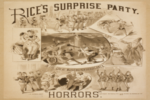 Ein Blatt mit Fotos von lachenden und fröhlichen Menschen auf einer Party, mit fetter Schrift, die "Rice's Überraschungsparty im Großen Musikalischen Spektakel" auf einem hellgelben Hintergrund liest.