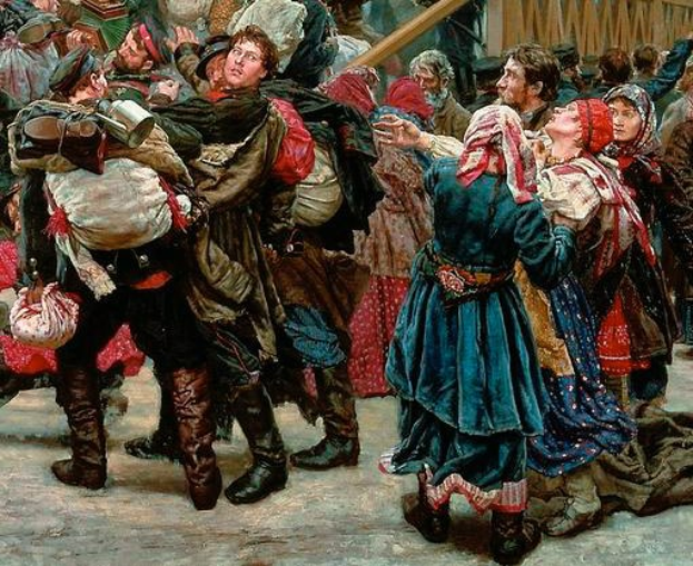 Gemälde von Menschen, die in traditioneller russischer Kleidung tanzen, während einer festlichen Szene, einige halten Gegenstände, vor einem Publikum und einem hölzernen Haus, das die russische Revolution symbolisiert.