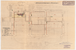Schwarz-weißes Architekturdiagramm des Rosenhof-Krankenhauses in Hamburg, Deutschland, das detaillierte Grundrisse, Räume, Flure und ausführliche Verdrahtung an der Außenfassade des Gebäudes zeigt.