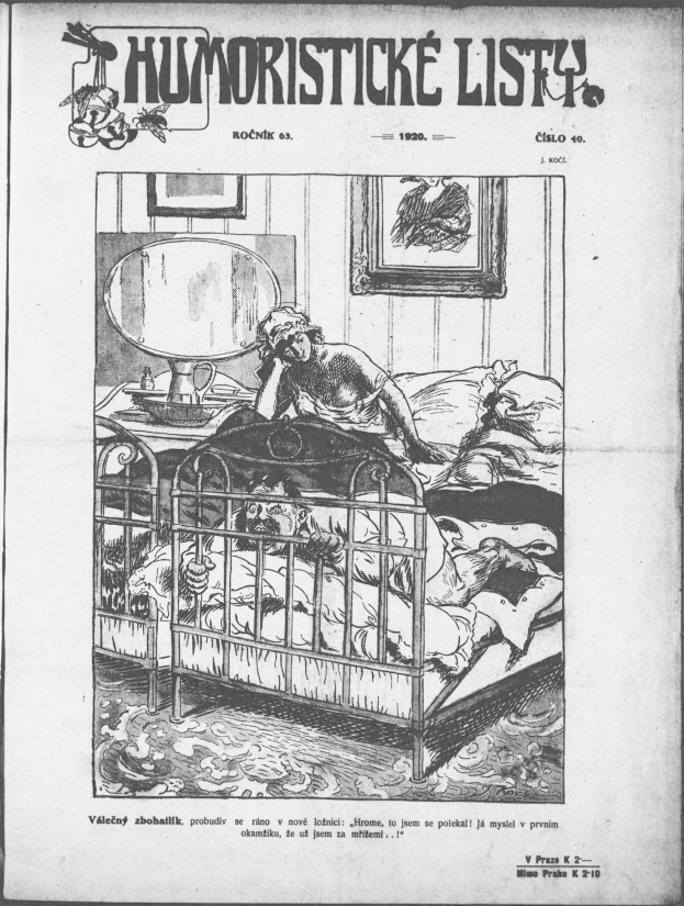 Schwarze und weiße Illustration einer Person, die auf einem Bett liegt, mit einem Spiegel auf einem nahen Tisch und einem Rahmen an der Wand, begleitet von Text, der "humoristicke list - tschechische republik - april 20, 1920" oben und unten liest.