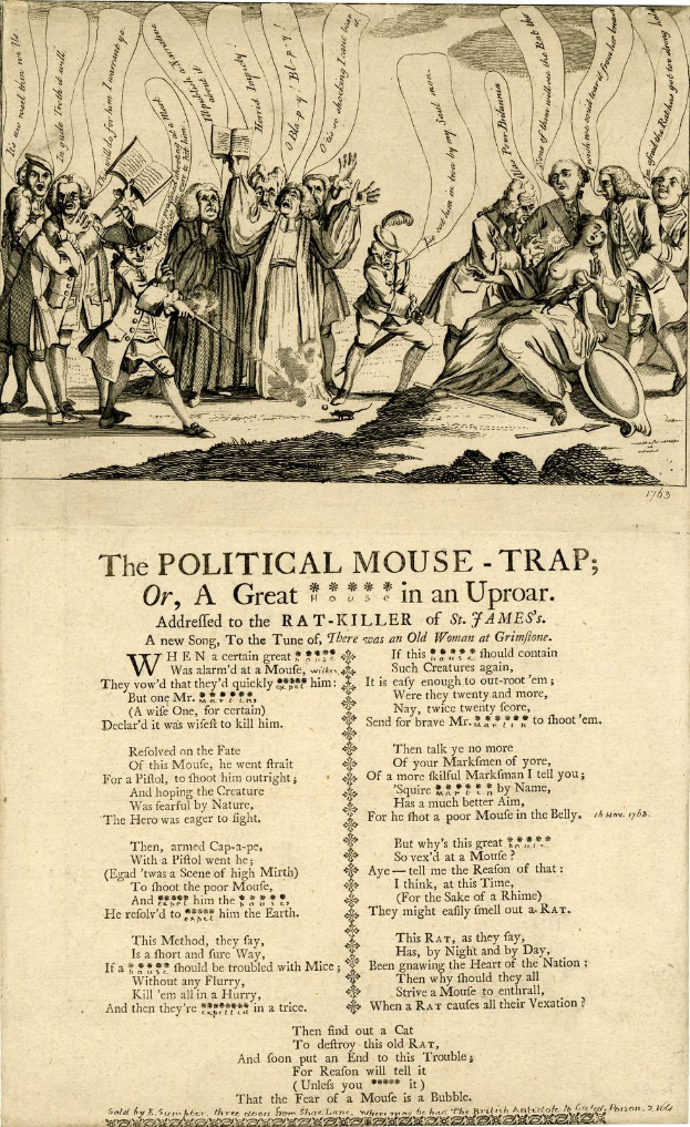 Politischer Cartoon mit dem Titel "Die politische Mausefalle, oder, ein großer Rattenkiller in Aufruhr" zeigt beunruhigte Menschen, einige schauen ängstlich nach oben, andere verwirrt nach unten.