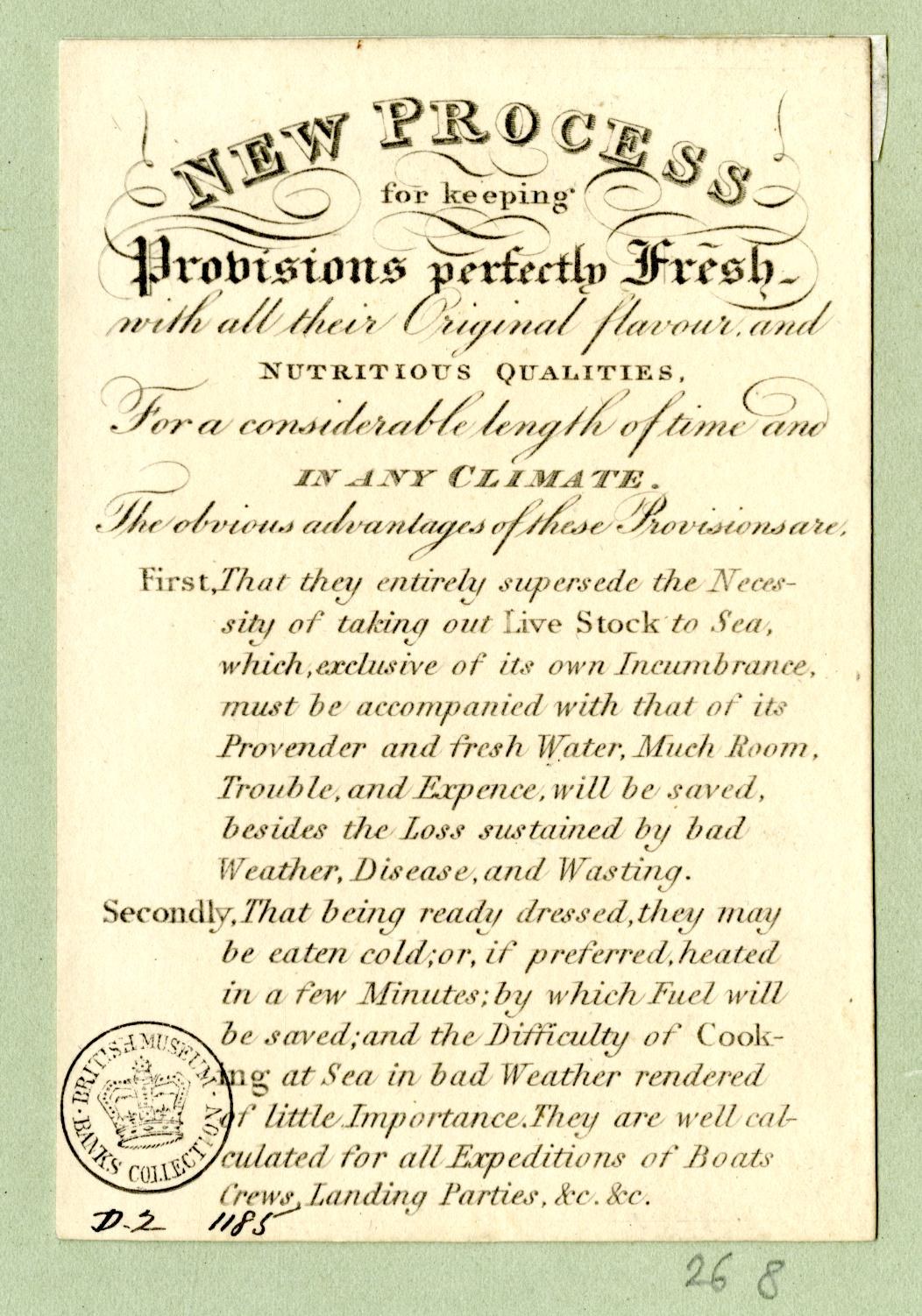 Papier mit gedrucktem Text, der "Neuer Prozess zum Erhalten von Probiotika perfekt frisch" und einen Stempel auf der linken Seite trägt.