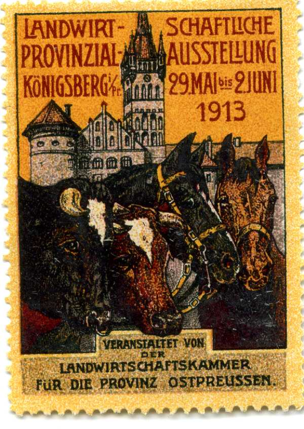Eine deutsche Briefmarke aus dem Jahr 1913 mit drei Kühen, einem Schloss und der Aufschrift 'Landwirtschaftskammer.'
