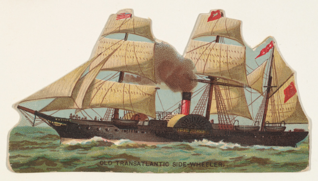 Ein altes transatlantisches Seitenraddampfschiff, das auf dem Wasser fährt, mit ein paar Menschen an Bord, und mit Text am unteren Bildrand.