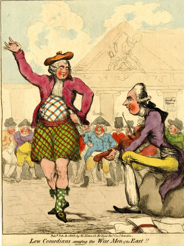 Cartoon eines Mannes in einem Kilt und einer Frau in einem Kleid, die vor einem Publikum auf einer Bühne stehen, mit einem Gebäude im Hintergrund und Wolken am Himmel, mit Text unten, der 'Niedrige Komiker, die die weisen Männer des Ostens unterhalten' lautet.