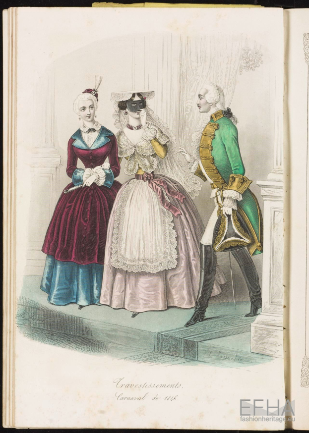 Ein aufgeschlagenes Buch mit dem Titel "Cravestissements, Karneval de 1781", das eine Zeichnung von drei Frauen in bunten, detaillierten Kleidern und einem Mann in einem grünen Anzug zeigt.