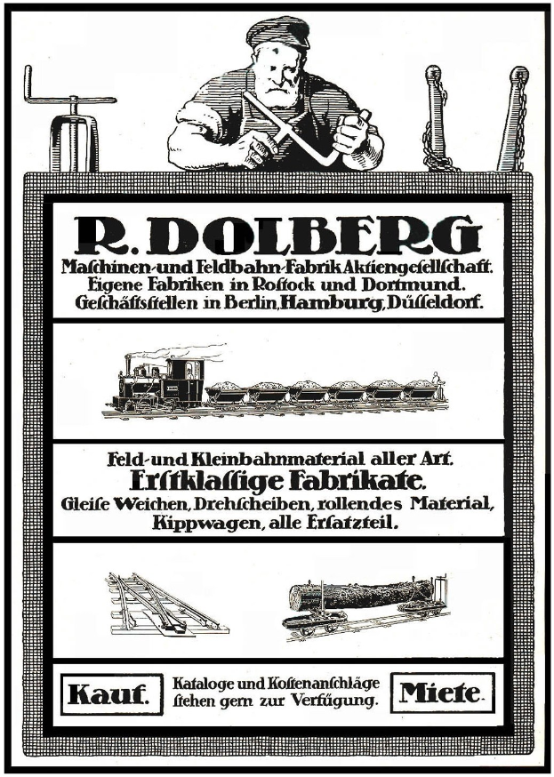 Werbung für die Fabrik von R.D. Dolberg in Hamburg, Deutschland, mit Text und Abbildungen einer Person, eines Zugs und weiterer Gegenstände.
