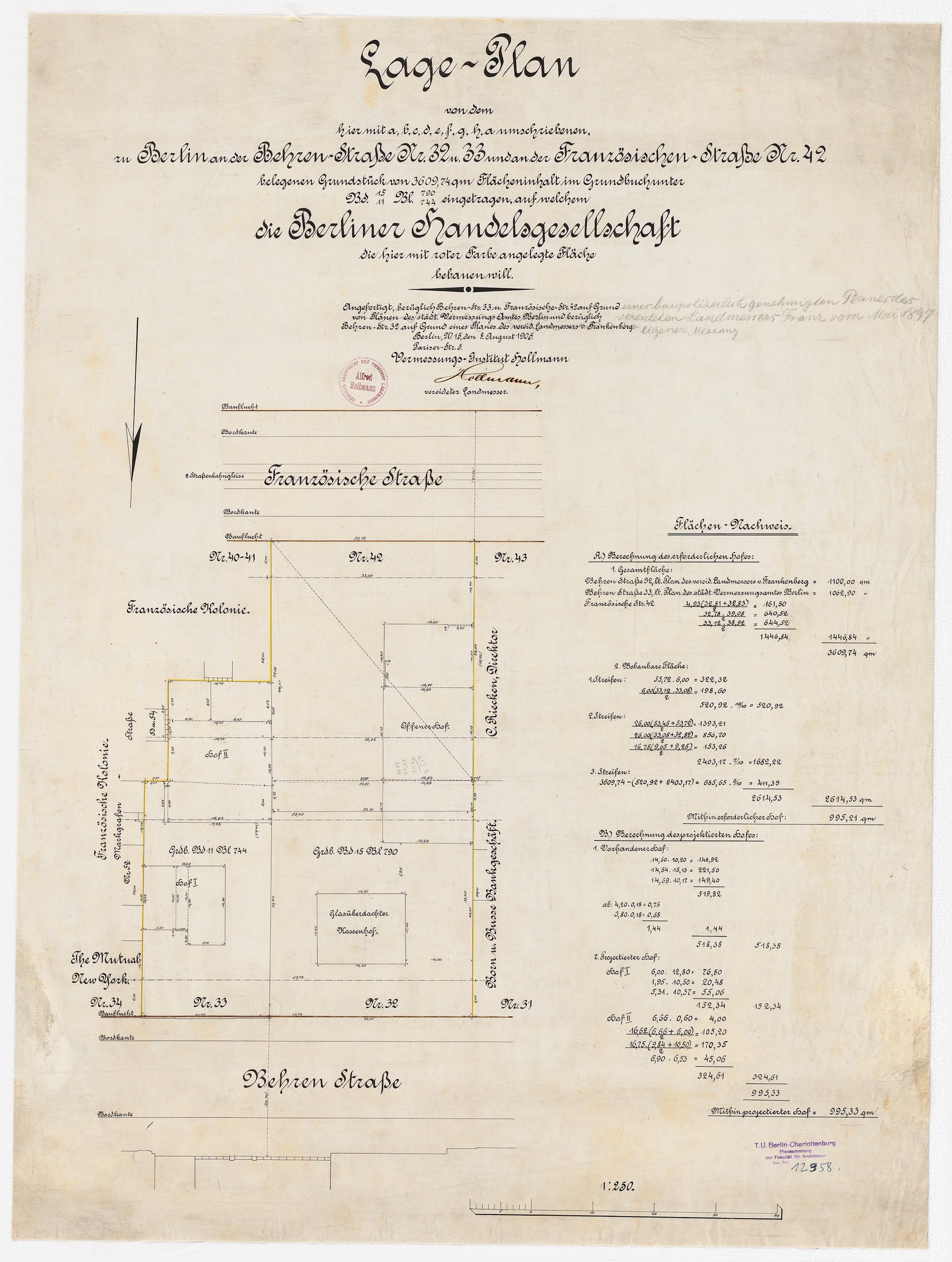 Alter Dokument mit handgezeichneter Grundriss des Berliner Handelagellachaft-Gebäudes, begleitet von Text und einem Stempel auf der linken Seite.