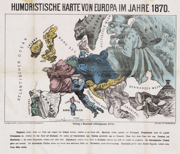 Ein Plakat mit einer Europa-Karte von 1870, umgeben von Cartoon-Bildern und dem Text "Humoristische Karte von Europa im Jahre 1870".