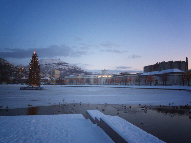 Eine Stadtansicht mit Gebäuden, Häusern und Bäumen auf beiden Seiten, einem Weihnachtsbaum mit Lichtern auf der linken Seite, Bergen und Schnee im Hintergrund, einem bewölkten Himmel darüber und einem Gewässer mit ein paar Vögeln darunter.