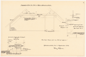 Schwarz-weißes architektonisches Zeichnung eines Hauses mit einem geneigten Dach, beschriftet als erster Grundriss, begleitet von detaillierten Texten und strukturellen Anmerkungen.