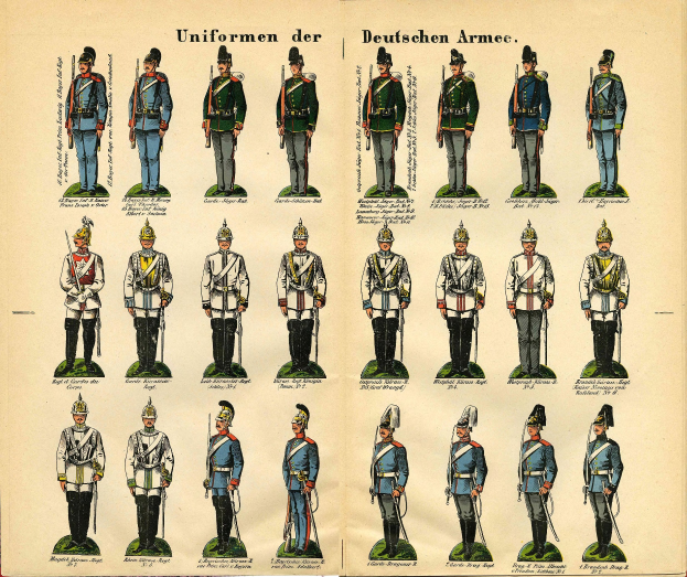 Ein Buch, das bunte Militäruniformen der deutschen Armee mit detaillierten Elementen wie Helmen, Gewehren und anderen Waffen zeigt.