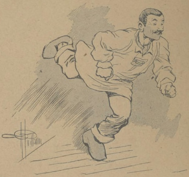 Ein Mann mit kurzen dunklen Haaren, der ein weißes Hemd und blaue Shorts trägt, ist auf einer Zeichnung zu sehen, wie er einen Fußball auf einem Rasenfeld mit entschlossener Miene und konzentriertem Blick tritt, mit ein paar Bäumen im Hintergrund.