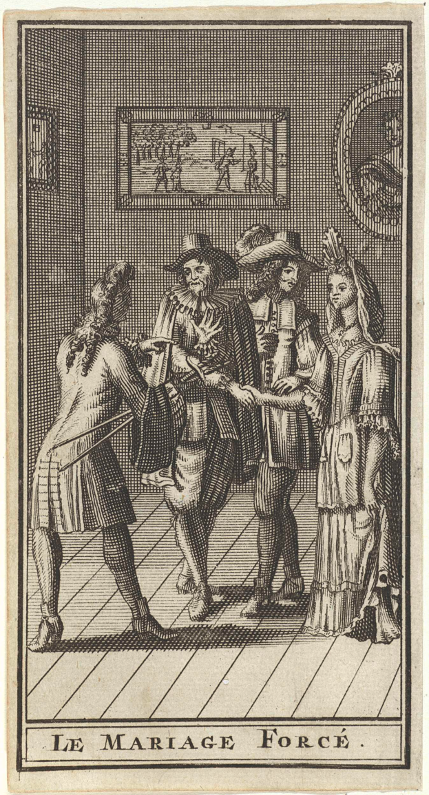 Eine Schwarz-Weiß-Gravur eines Mannes und einer Frau, die vor einem Spiegel stehen, mit einem Rahmen an der Wand im Hintergrund und dem Text "Le Marriage Force" unten.