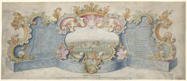 Komplexe Wanddekoration in einem Raum mit detaillierter Stadtansicht von einem Dach mit bunten Formen und Text.