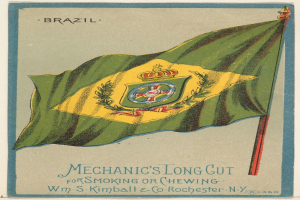 Ein Plakat mit der brasilianischen Flagge, die im Wind weht, und fetter schwarzer Schrift, die "Mechaniker's Long Cut für Rauchen oder Kauen" gegen einen blauen Himmel liest.