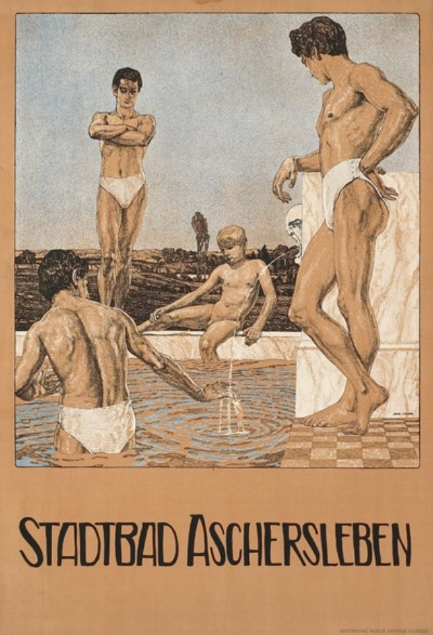Plakat wirbt für ein Schwimmbad in Aschersleben, Deutschland, zeigt Menschen im Wasser und Text über Annehmlichkeiten.