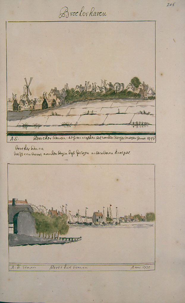 Ein aufgeschlagenes Buch mit einer Stadtansicht-Illustration, die Häuser, Bäume und eine Windmühle zeigt, sowie begleitenden Text.