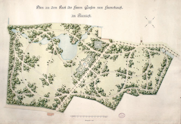 Eine Karte eines Parks mit einem zentralen Teich, umgeben von Bäumen und Pflanzen, mit zusätzlichem Text, der Informationen über den Park bereitstellt.