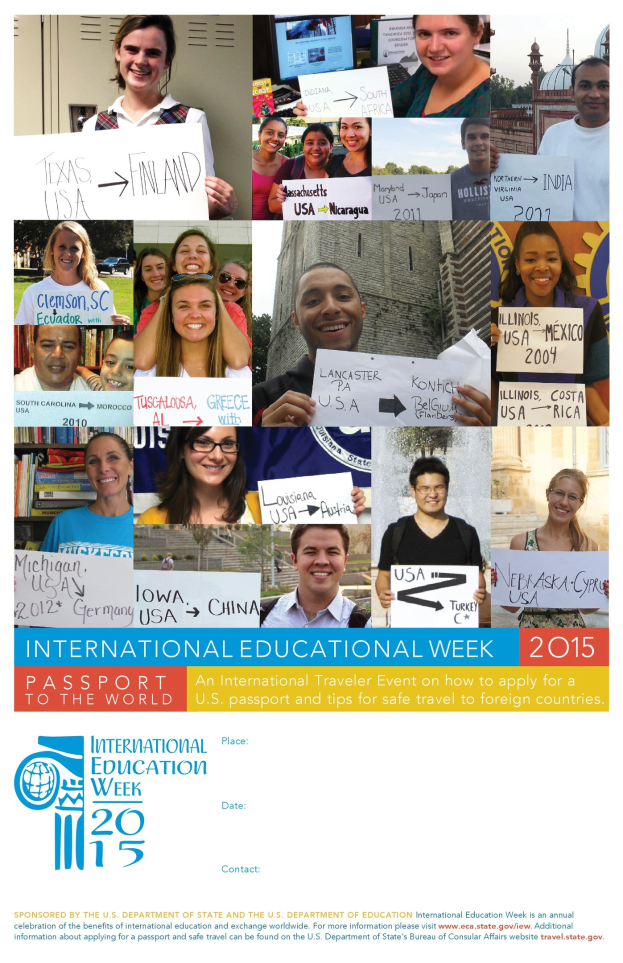 Plakat zur Internationalen Bildungswoche 2015 mit einer vielseitigen Gruppe von Menschen, die lächeln und Schilder mit textbezogenen Informationen halten.