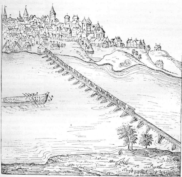 Eine Zeichnung einer Brücke, die den Rhein überspannt, mit einem Schloss im Hintergrund, umgeben von Bäumen und einem Boot auf dem Wasser, mit dem Text "Die Brücke des Rheins in Deutschland" unten.