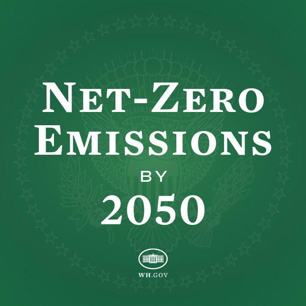 Weißer fettgedruckter Text auf einem grünen Hintergrund, der "netto-null-Emissionen bis 2050" liest.