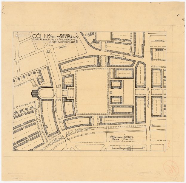 Alte Karte von Köln, Deutschland, die ein detailliertes Layout von Gebäuden und handgeschriebene Texte auf altem Papier zeigt.