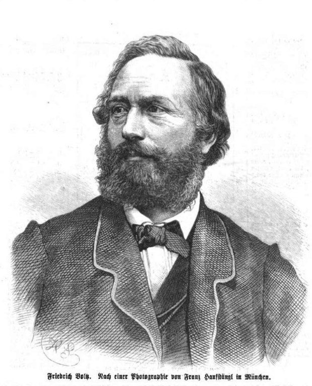 Eine Schwarz-Weiß-Zeichnung eines bärtigen Mannes in einem Anzug und mit Schleife, mit der Beschriftung "Franz Sandfühling in München" unten.