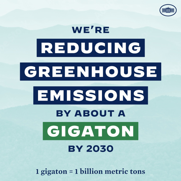 Plakat mit Text und Logo, auf dem "Wir reduzieren die Treibhausgasemissionen bis 2030 um etwa eine Gigatonne" steht und für eine signifikante Reduzierung der Treibhausgasemissionen bis 2030 wirbt.