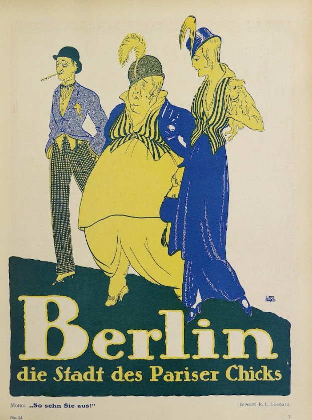 Plakat für ein Konzert in Berlin, Deutschland, mit einer Gruppe farblich gekleideter Menschen vor einem Gebäude mit der Aufschrift "Berlin - Die Stadt des Pariser Chicks" oben.