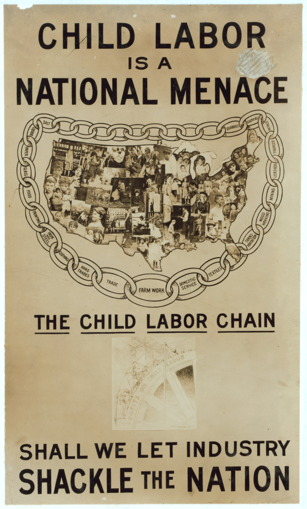 Ein Plakat mit fettem schwarzem Text auf einem weißen Hintergrund lautet "Kinderaarbeitung ist eine nationale Bedrohung - Sollen wir die Industrie das Land fesseln lassen", zeigt eine vielfältige Gruppe von Menschen, die gemeinsam stehen.