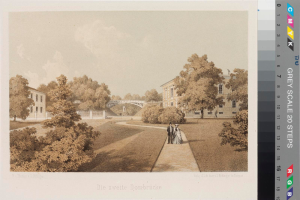 Eine Zeichnung eines Parks mit Menschen, die spazieren gehen, umgeben von Bäumen, Gebäuden und einer Brücke, unter einem bewölkten Himmel, mit der Aufschrift "Die zweite Dombrücke in Düsseldorf" unten.