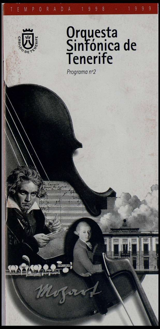 Plakat für das zweite Programm des Symphonieorchesters Teneriffa, das Mozarts Sinfonie Nr. 2 D-Moll, Op. 63, mit zwei Geigerinnen vorne und einem Gebäude im Hintergrund zeigt.