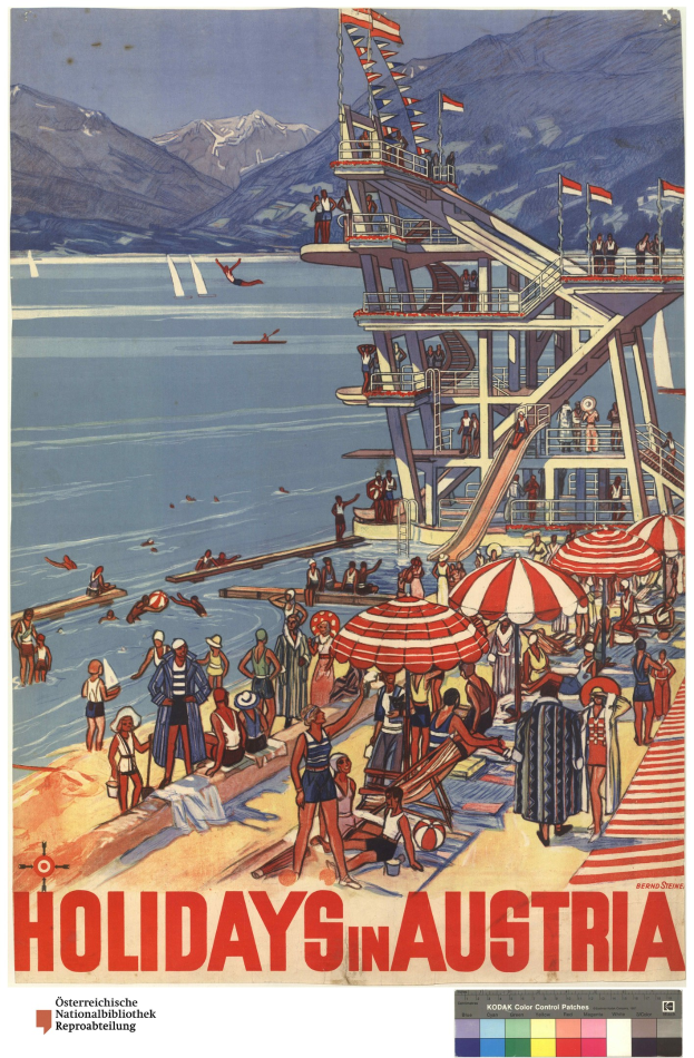 Plakat, das Urlaub in Österreich bewirbt, zeigt Menschen am Strand mit Schirmen, einem Schiff, Fahnen und fernen Bergen.