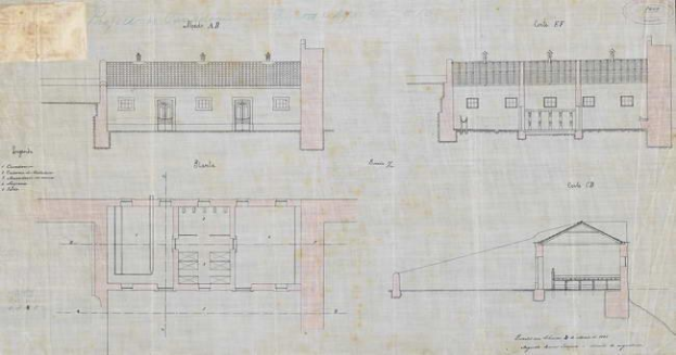 Ein detaillierter architektonischer Grundriss eines mehrfenstrigen Schulgebäudes mit begleitendem Text und Layouts auf Papier.