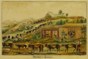 Gem"alde, das eine Farm-Szene mit grasenden K"hen im Vordergrund, H"user, B"ume, H"gel und Menschen zeigt, mit Text unten.