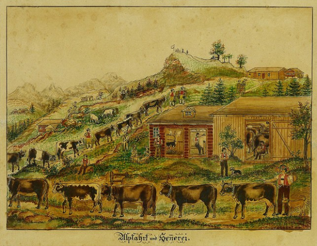 Gem"alde, das eine Farm-Szene mit grasenden K"hen im Vordergrund, H"user, B"ume, H"gel und Menschen zeigt, mit Text unten.