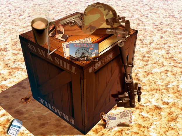 Ein Bild, das eine Kiste mit einer Mütze, einer Waffe, mehreren Mützen, Papieren und einem Schlüssel zeigt, mit Skorpionen und einem Papier auf einem Pfad.